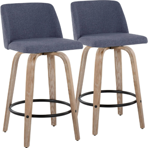 Toriano 26" Swivel Counter Stool in White Washed Wood & Blue Fabric with Black Footrest (Set of 2)